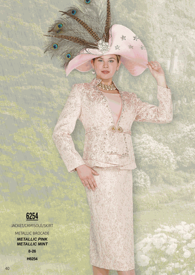 Elite Champagne <br> (Fall/Winter 2026) <br> EC6254 <br> <br> Metallic-Pink  <br>  Metallic-Mint <br> 8 10 12 14 16 <br> 18 20 22 24 26<br><br>Jacket/Camisole/Skirt<br>Metallic Brocade