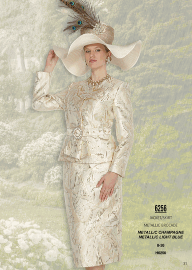 Elite Champagne <br> (Fall/Winter 2026) <br> EC6256 <br> <br> Metallic-Champagne  <br>  Metallic-Light-Blue <br> 8 10 12 14 16 <br> 18 20 22 24 26<br><br>Jacket/Skirt<br>Metallic Brocade