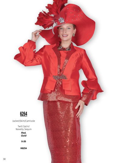 Elite Champagne <br> (Fall & Winter 2025) <br> EC6264 <br> <br> Red  <br>   Gold <br> 8 10 12 14 16 18 20 22 24 26<br><br>Jacket/Skirt/Camisole<br>Twill Satin/Novelty Sequin