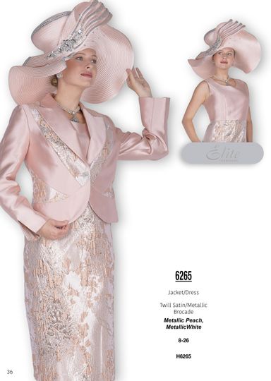 Elite Champagne <br> (Fall & Winter 2025) <br> EC6265 <br> <br> Metallic-Peach  <br>   Metallic-White <br> 8 10 12 14 16 18 20 22 24 26<br><br>Jacket/Dress<br>Twill Satin/Metallic Brocade