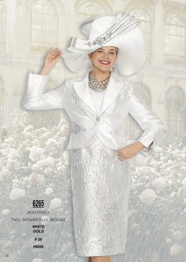 Elite Champagne <br> (Fall/Winter 2026) <br> EC6265 <br> <br> White  <br>  Gold <br> 8 10 12 14 16 <br> 18 20 22 24 26<br><br>Jacket/Dress<br>Twill Satin/Metallic Brocade
