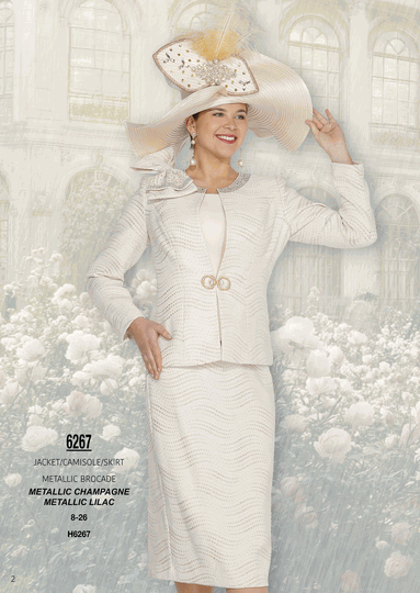 Elite Champagne <br> (Fall/Winter 2026) <br> EC6267 <br> <br> Metallic-Champagne  <br>  Metallic-Lilac <br> 8 10 12 14 16 <br> 18 20 22 24 26<br><br>Jacket/Camisole/Skirt<br>Metallic Brocade