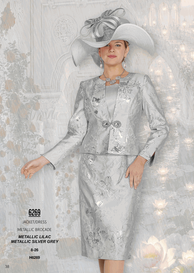 Elite Champagne <br> (Fall/Winter 2026) <br> EC6269 <br> <br> Metallic-Lilac  <br>  Metallic-Silver-Grey <br> 8 10 12 14 16 <br> 18 20 22 24 26<br><br>Jacket/Dress<br>Metallic Brocade