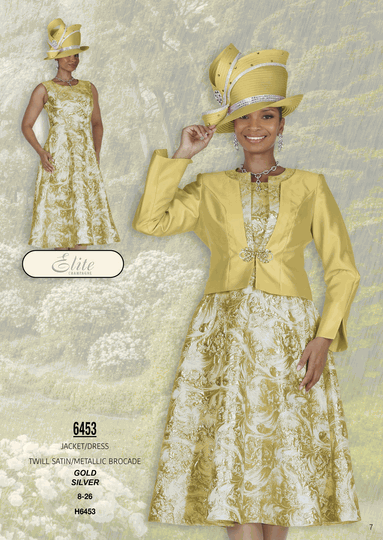 Elite Champagne <br> (Fall/Winter 2026) <br> EC6453 <br> <br> Gold  <br>  Silver <br> 8 10 12 14 16 <br> 18 20 22 24 26<br><br>Jacket/Dress<br>Twill Satin/Metallic Brocade