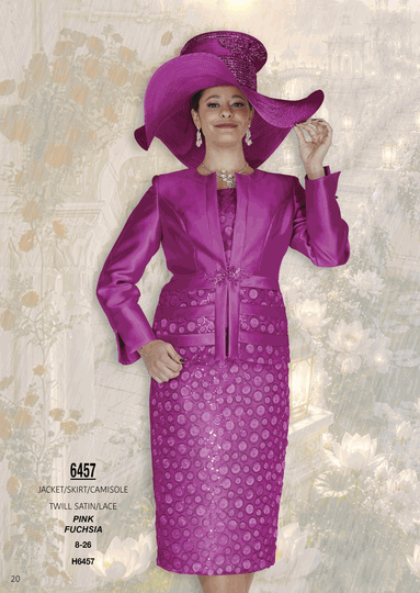Elite Champagne <br> (Fall/Winter 2026) <br> EC6457 <br> <br> Pink  <br>  Fuchsia <br> 8 10 12 14 16 <br> 18 20 22 24 26<br><br>Jacket/Skirt/Camisole<br>Twill Satin/Lace