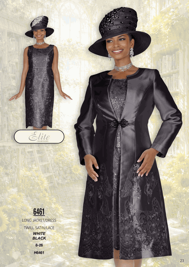 Elite Champagne <br> (Fall/Winter 2026) <br> EC6461 <br> <br> White  <br>  Black <br> 8 10 12 14 16 <br> 18 20 22 24 26<br><br>Long Jacket/Dress<br>Twill Satin/Lace