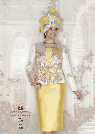 Elite Champagne <br> (Fall/Winter 2026) <br> EC6467 <br> <br> Gold  <br>  Lilac <br> 8 10 12 14 16 <br> 18 20 22 24 26<br><br>Jacket/Skirt/Camisole<br>Twill Satin/Brocade