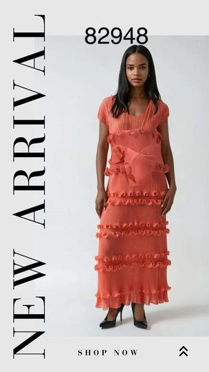 For Her <br> (2026) <br> FH82948 <br> <br> Black  <br>  Orange  <br>  White <br> One-Size<BR><BR>Ruffled Pleated Maxi Dress with Waist Tie