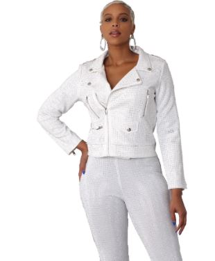 ForHer <br> (2025) <br> FH82022 <br> <br> White <br> XL 1x 2x<BR><BR>Suede Moto Jacket with Allover Diamonds