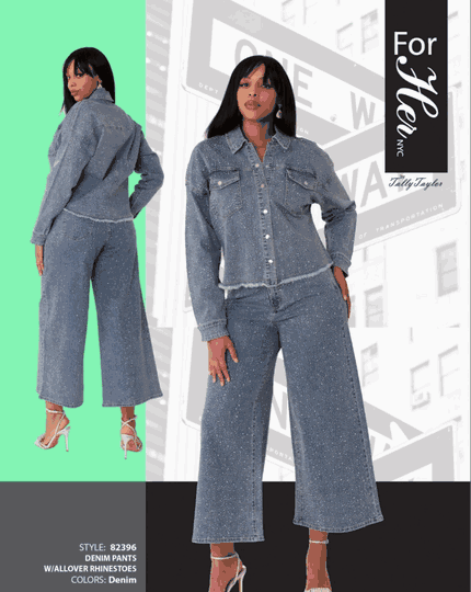 ForHer <br> (2025) <br> FH82396 <br> <br> Denim-Blue <br> S M L XL 1x 2x<BR><BR>Rhinestone Denim Culotte Pants