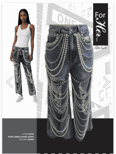 ForHer <br> (2025) <br> FH82776 <br> <br> Denim-Blue <br> S M L XL 1x  2x<BR><BR>Embellished Wide Leg Denim Pants