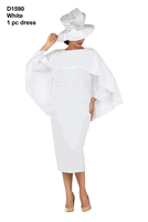 Giovanna <br> (2026) <br> GVD1590-Wh <br> <br> White <br> 8 10 12 14 16 18<br>16w 18w 20w 22w 24w 26w<br><br>Scuba Shift Dress w/ Cape and Piping Detail