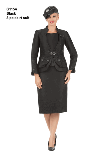 Giovanna <br> (2026) <br> GVG1154 <br> <br> Black <br> 8 10 12 14 16 18 <br> 14w 16w 18w 20w 22w 24w 26w<br><br>3pc Floral Print Brocade Peplum Jacket Skirt Suit