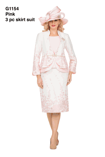 Giovanna <br> (2026) <br> GVG1154 <br> <br> Pink <br> 8 10 12 14 16 18 <br> 14w 16w 18w 20w 22w 24w <br><br>3pc Floral Print Brocade Peplum Jacket Skirt Suit