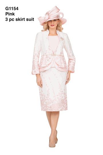 Giovanna <br> (2026) <br> GVG1154 <br> <br> Pink-Multi <br> 8 10 12 14 16 18 <br> 14w 16w 18w 20w 22w 24w<br><br>3pc Floral Print Brocade Peplum Jacket Skirt Suit