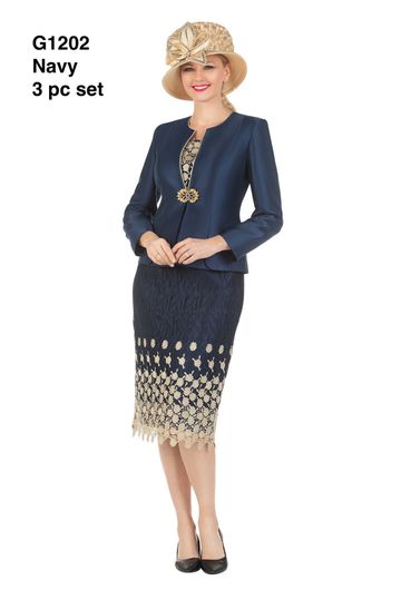 Giovanna <br> (2026) <br> GVG1202 <br> <br> Navy <br> 8 10 12 14 16 18 20 22 24<br><br>3pc Silk Twill/Lace Combo Two-tone Skirt Suit