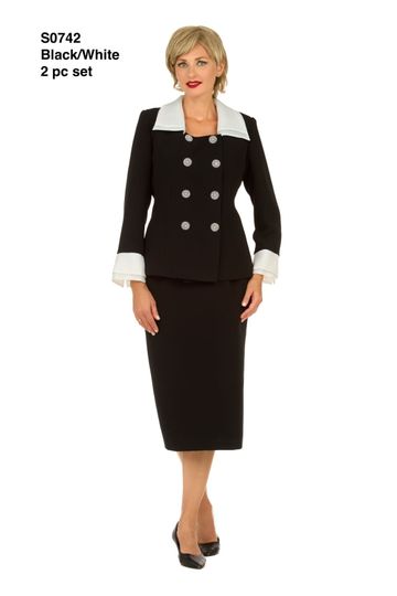Giovanna <br> (2025) <br> GVs0742 <br> <br> BLACK/WHITE <br> �8 10 12 14 16 18 <br> � 16w 18w 20w 22w 24w<br><br>2pc Dbl Breasted Skt Suit w/ Organza Collar&Cuff <br><br>