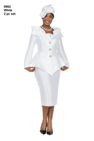 Giovanna <br> (2026) <br> GV0962 <br> <br> White <br> 8 10 12 14 16 18 <br> 14w 16w 18w 20w 22w 24w 26w<br><br>2pc Silky Twill Ruffled Neck Peplum Jacket & Skirt Set
