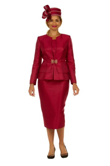 Giovanna <br> (2025) <br> GV0978 <br> <br> Burgundy <br> 8 10 12 14 16 18 <br> 16w 18w 20w 22w 24w 26w <br><br>3pc Silky Twill Collarless Peplum Jacket Skirt Suit
