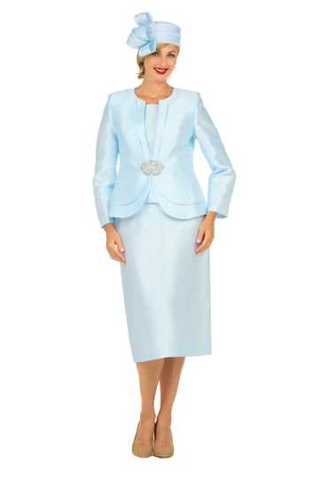 Giovanna <br> (2025) <br> GV0980 <br> <br> Ice-Blue <br> 8 10 12 14 16 18 <br> 16w 18w 20w 22w 24w 26w <br><br>3pc Silky Twill Skirt Suit w/ Layered Designs