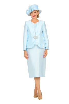 Giovanna <br> (2025) <br> GV0980 <br> <br> Ice-Blue <br> 8 10 12 14 16 18 <br> 16w 18w 20w 22w 24w 26w <br><br>3pc Silky Twill Skirt Suit w/ Layered Designs