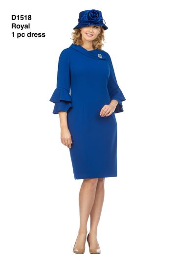Giovanna <br> (2025) <br> GVD1518 <br> <br> Royal <br> 10 12 14 16 18 <br><br>1pc Cowl Neck 3/4 Ruffled Sleeve Dress w/ Brooch