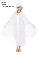 Giovanna <br> (2026) <br> GVD1597-Wh <br> <br> White <br> 8 10 12 14 16 18<br>14w 16w 18w 20w 22w 24w 26w<br><br>2 Piece Luxury Lace Dress w/ Belted Lace Cape