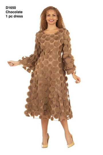 Giovanna <br> (2026) <br> GVD1650 <br> <br> Chocolate <br> 8 10 12 14 16 18 <br> 14w 16w 18w 20w 22w 24w 26w 28w <br><br>Bell Sleeve A-line Dress w/Circular Petals Decor