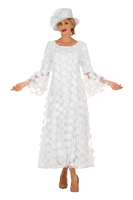 Giovanna <br> (2025) <br> GVD1650L <br> <br> White <br> 8 10 12 14 16 18 <br> 16w 18w 20w 22w 24w 26w 28w<br><br>Bell Sleeve A-line Dress w/ Circular Petals Dcor - Long Dress 57" (Missy) 58" (Plus)