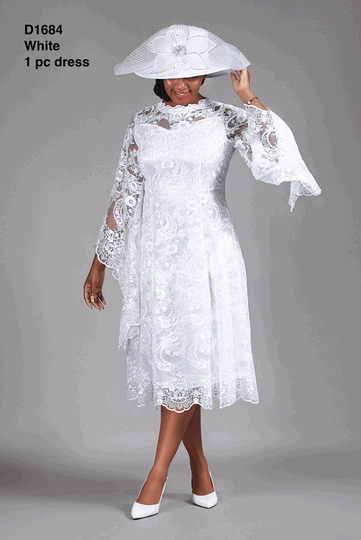 Giovanna <br> (2026) <br> GVD1684 <br> <br> White <br> 8 10 12 14 16 18 <br> 14w 16w 18w 20w 22w 24w 26w 28w<br><br>White Lace A-Line Dress with Draped Sheer Sleeves