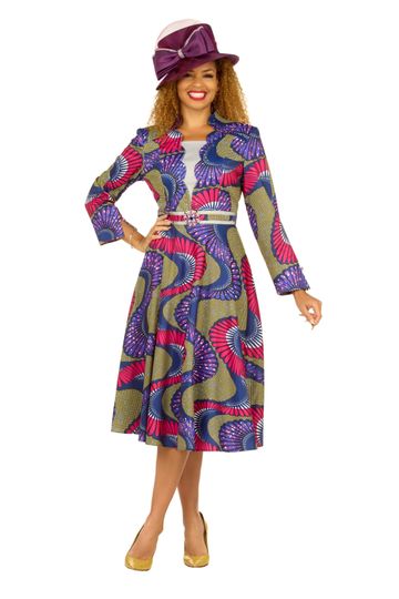 Giovanna <br> (2025) <br> GVD1690 <br> <br> Purple-Multi <br> 8 10 12 14 16 18 20 22<br><br>A-line LS Print Dress w/ Waistline Detail & Brooch