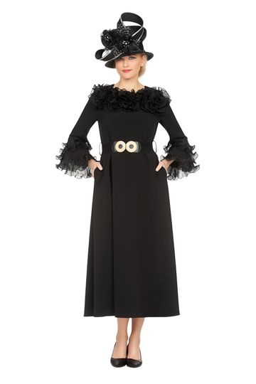 Giovanna <br> (2025) <br> GVD7212 <br> <br> Black <br> 8 10 12 14 16 18 <br> 16w 18w 20w 22w 24w<br><br>Belted A-line Dress in Stretch Crepe & Organza