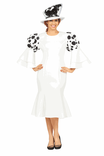 Giovanna <br> (2025) <br> GVDP2402 <br> <br> White/Black <br> S M L XL 1x 2x 3x 4x <br><br>Puff Bell Sleeve Scuba Dress w/ Mermaid Sweep <br><br>