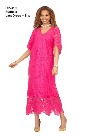 Giovanna <br> (2025) <br> GVDP2419 <br> <br> Fuchsia <br> M L XL 1x 2x <br><br>V-neck Short Sleeve Lace Dress w/ Slip <br><br>