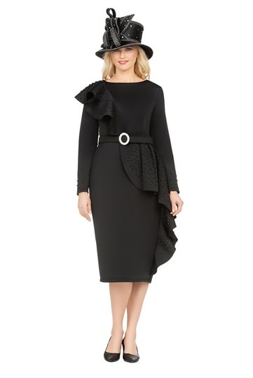 Giovanna <br> (2025) <br> GVDP2420 <br> <br> Black <br> S M L XL 1x 2x 3x 4x <br><br>Scuba Belted Shift Dress w/ Ruffles and Faux Pearls <br><br>
