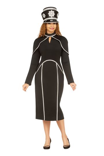 Giovanna <br> (2025) <br> GVDP2421 <br> <br> Black <br> S M L XL 1x 2x 3x 4x <br><br>Scuba Sheath Dress w/ Faux Cape and Stoned Strips <br><br>