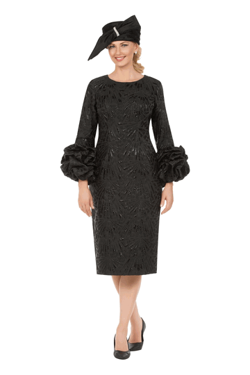 Giovanna <br> (2026) <br> GVDP2424 <br> <br> Black <br> S M L XL 1x 2x 3x<br><br>Metallic Brocade Rosette-Cuff Midi Dress