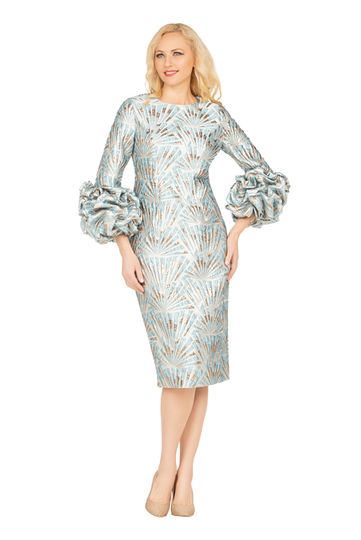 Giovanna <br> (2025) <br> GVDP2424 <br> <br> Blue <br> M L XL 1x 2x 3x<br><br>Brocade Shift Dress w/ Exaggerated Balloon Cuffs <br><br>