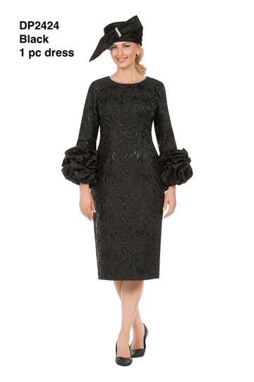 Giovanna <br> (2026) <br> GVDP2424 <br> <br> Black <br> S M L XL 1X 2X 3X<br><br>Metallic Brocade Rosette-Cuff Midi Dress