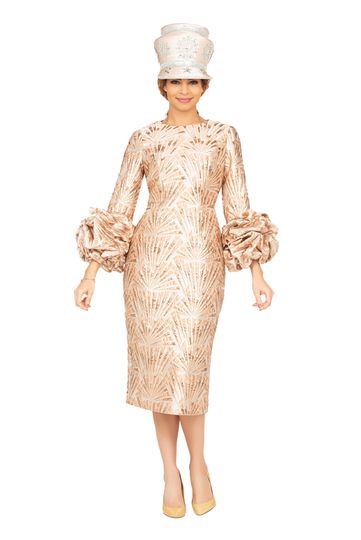 Giovanna <br> (2025) <br> GVDP2424 <br> <br> Camel <br> M L XL 1x 2x 3x<br><br>Brocade Shift Dress w/ Exaggerated Balloon Cuffs <br><br>