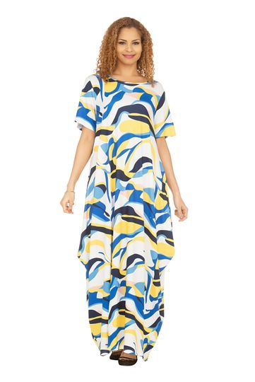 Giovanna <br> (2025) <br> GVDP2426 <br> <br> Blue <br> M L XL 1x 2x 3x 4x <br><br>Short Sleeve Jersey Knit Abstract Print Maxi Dress <br><br>