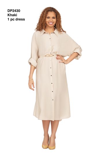 Giovanna <br> (2025) <br> GVDP2430 <br> <br> Khaki <br> M L XL 1x 2x <br><br>Flowy Button Down Shirt Dress <br><br>