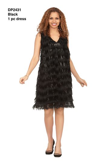 Giovanna <br> (2025) <br> GVDP2431 <br> <br> Black <br> L XL  2x<br><br>V-neck Sleeveless A-line Dress w/ Sequins & Tassles <br><br>
