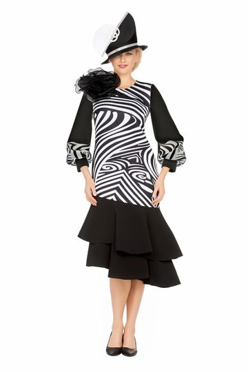Giovanna <br> (2025) <br> GVDP2436 <br> <br> Black <br> S M L XL 1x 2x 3x<br><br>Scuba Blk/Wht Swirl Print Dress w/ Flower