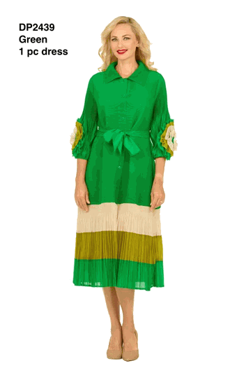 Giovanna <br> (2026) <br> GVDP2439 <br> <br> Green <br> S M L XL 1X 2X<br><br>Notch Collar Color Block Shirt Dress in Pleats