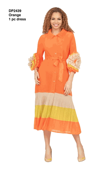 Giovanna <br> (2026) <br> GVDP2439 <br> <br> Orange <br> S M L XL 1X 2X<br><br>Notch Collar Color Block Shirt Dress in Pleats