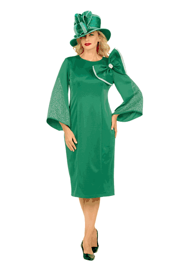 Giovanna <br> (2025) <br> GVDP2445 <br> <br> Forest-Green <br> S M L XL 1x 2x 3x<br><br>Stoned Bell Sleeve Shift Dress w/ Oversize Bow
