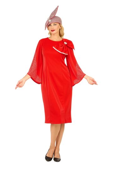 Giovanna <br> (2025) <br> GVDP2445 <br> <br> Red <br> S M L XL 1x 2x 3x<br><br>Stoned Bell Sleeve Shift Dress w/ Oversize Bow