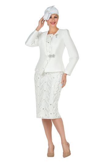 Giovanna <br> (2025) <br> GVG1152 <br> <br> White/Black <br> 8 10 12 14 16 18  <br> 14w 16w 18w 20w 22w 24w<br><br>2pc Silky Twill Jacket + Sequined Lace Skirt Suit <br><br>