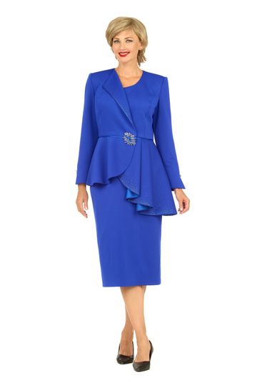 Giovanna <br> (2025) <br> GVG1183 <br> <br> Royal <br> 8 10 12 14 16 18 20 22 24<br><br>2pc Scuba Stoned Uneven Peplum Jacket+Skirt Suit